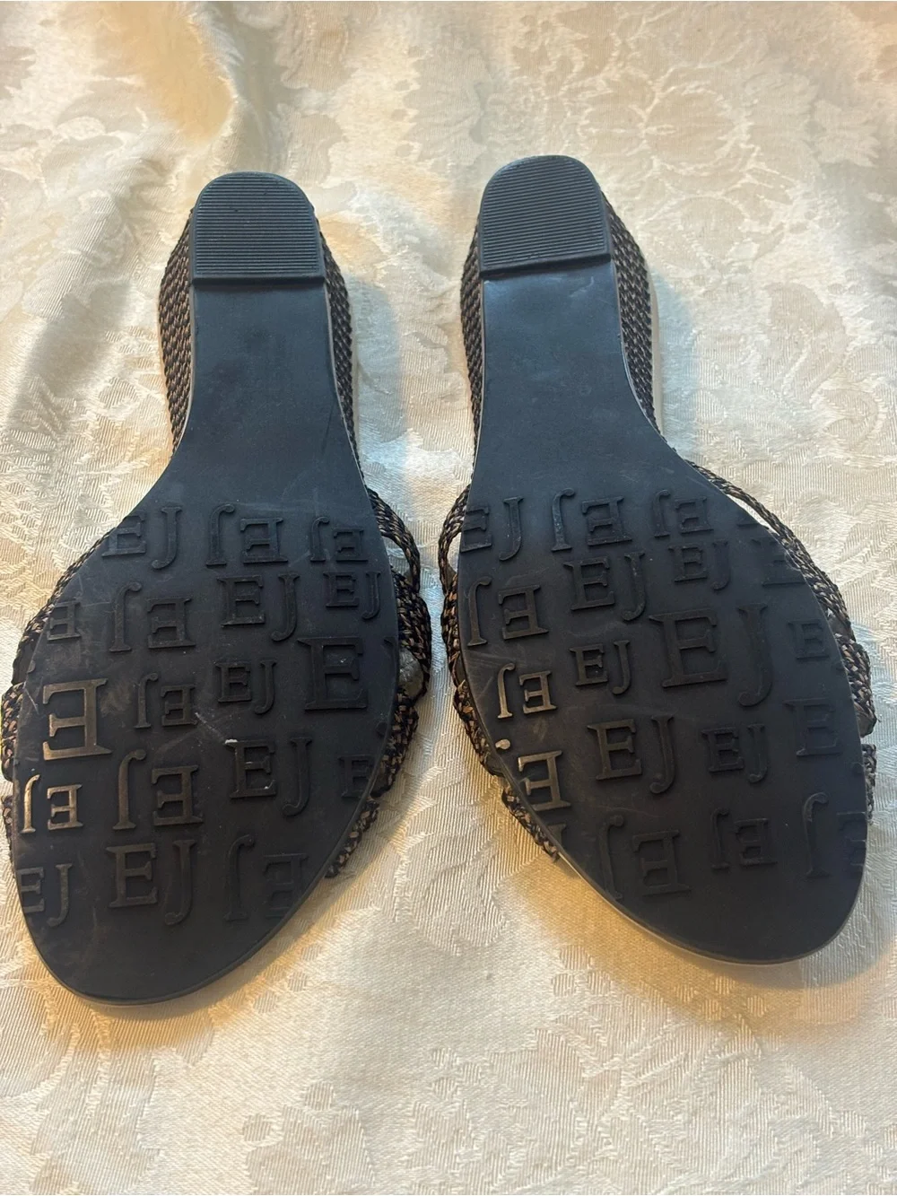 Eric Javits Black and Tan Woven Wedge Sandals, Size 65N